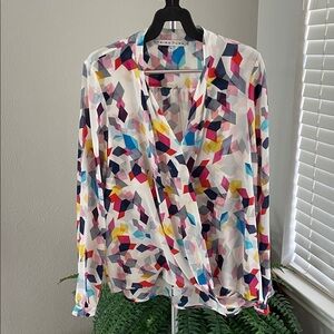 Trina Turk White Silk Multicolor Geometric Wrap Blouse